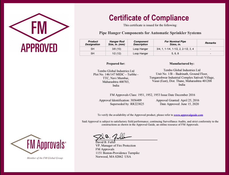 FM Approved Certificate